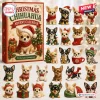 Front view of the Christmas Chihuahua Advent Calendar box alongside 24 miniature acrylic dog figurines.