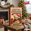 Front view of a Christmas Chihuahua Advent Calendar box on a wooden table with a decorated tree in the background.