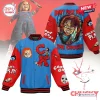 Front and back view of the Chucky Killer Doll Blue Varsity Jacket with red sleeves and horror graphics.