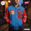 Front view of Chucky Killer Doll Blue Varsity Jacket with red sleeves and character graphics.