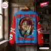 Back view of Chucky Killer Doll Blue Varsity Jacket with graphic print.