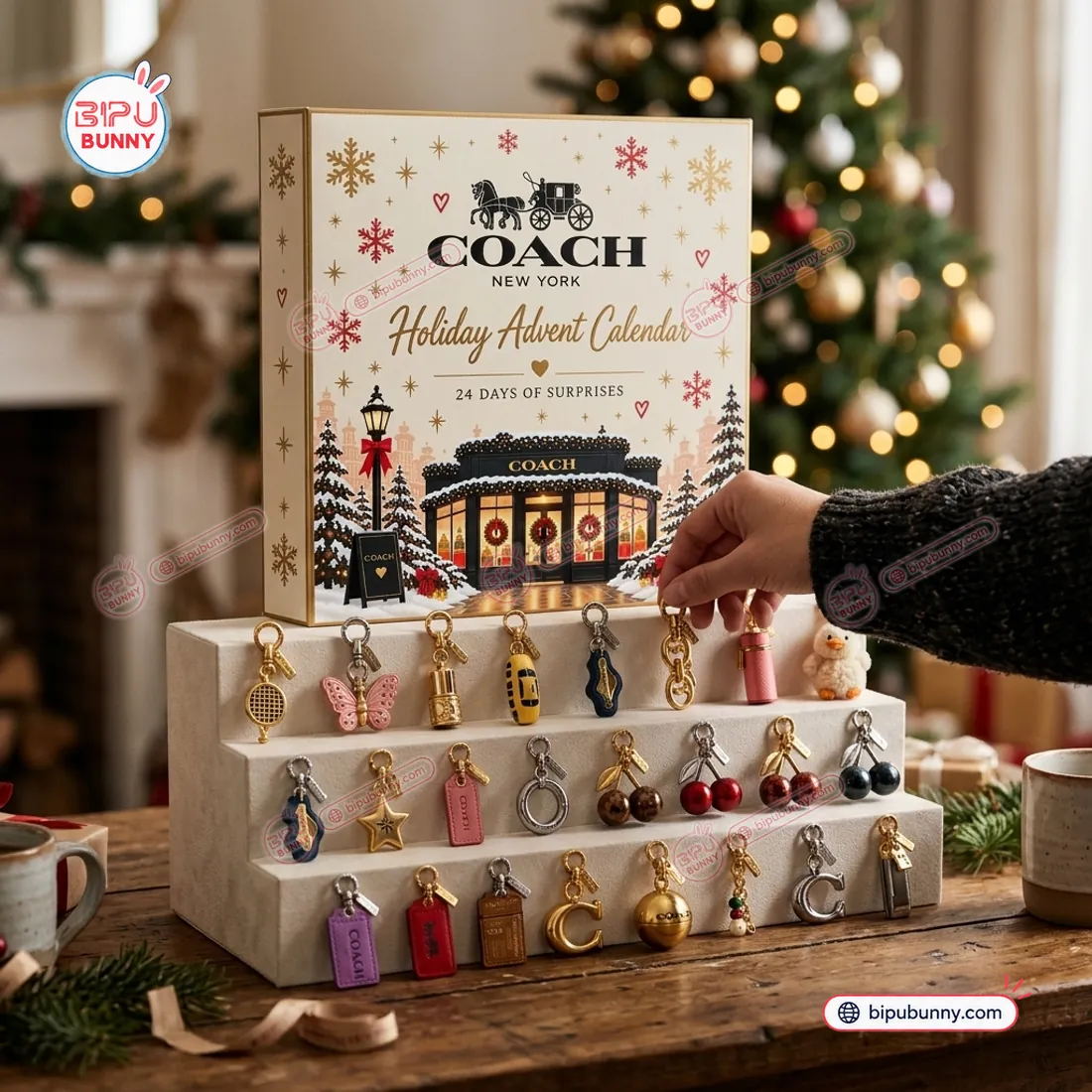 Selecting a gold chain-link bag charm from the Coach New York Advent Calendar 2026 display tier