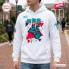 Front view of a person wearing a white hoodie with retro 90s Coastal Carolina Chanticleers graphics.
