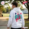 Rear view of a man wearing a white Coastal Carolina Chanticleers 90s Friday Night Hoodie with colorful geometric back graphics.