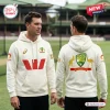 Front and back view of the Cricket Australia 150th Anniversary White Hoodie on a person outdoors.