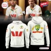 Front and back view of a white Cricket Australia 150th Anniversary hoodie with team logos.