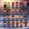 Collection of miniature cartoon player figurines arranged in rows with name stands.