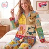 Front view of a woman wearing a Cute Pokémon Patchwork Pajama Set featuring multicolored character panels.