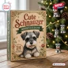 Front view of Cute Schnauzer Acrylic Advent Calendar box on wooden surface with Christmas tree background.