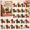 Front view of a Dachshund Christmas Advent Calendar box next to twenty-four miniature figurines wearing holiday outfits.