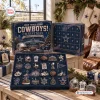 Open Dallas Cowboys Christmas Advent Calendar revealing numbered compartments with small silver and blue collectible ornaments.