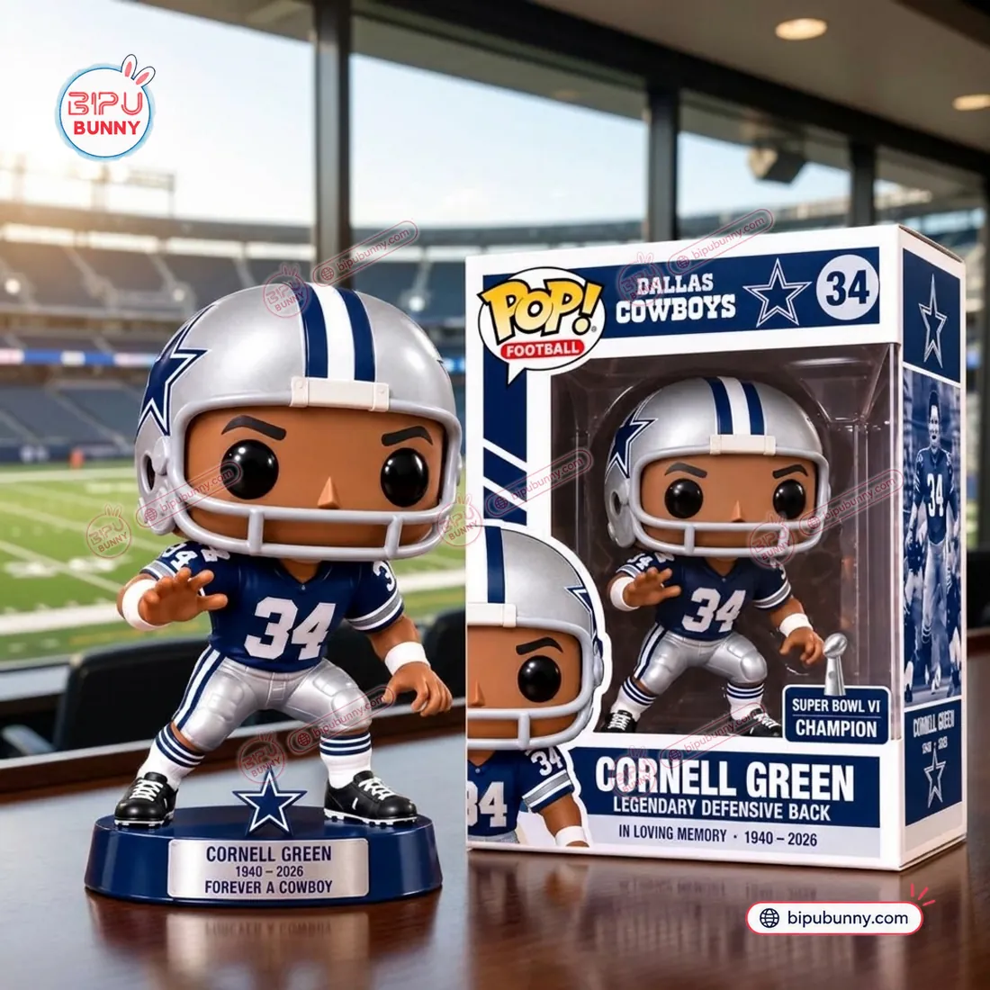 Dallas Cowboys number 34 Cornell Green 3D vinyl figure on a circular Lone Star memorial base next to its Super Bowl VI collector window box