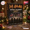 Front view of Def Leppard 2027 Advent Calendar box with band graphics and pins on a festive surface.