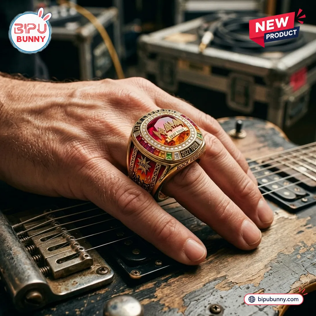 Closeup of the gold Def Leppard Rock Brigade 2027 Tour Ring worn on a hand resting against an electric guitar body