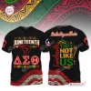 Front and back view of a black t-shirt with Juneteenth and Delta Sigma Theta graphics.