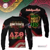 Front and back views of a black long sleeve Delta Sigma Theta Black History Month shirt with Juneteenth graphics.