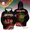 Front and back view of a black Delta Sigma Theta Black History Month hoodie featuring Juneteenth graphics and African patterns.