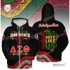 Front and back view of a black hoodie featuring Juneteenth graphics and Greek letters.