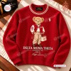 Front view of a red Delta Sigma Theta Polo Bear red sweatshirt with a teddy bear graphic and white text.