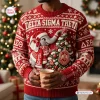 Front view of a red Delta Sigma Theta ugly Christmas sweater featuring an elephant and a holiday tree.