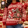 Front view of a red Delta Sigma Theta ugly Christmas sweater featuring an elephant and a holiday tree.