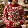 Front view of a red Delta Sigma Theta Ugly Christmas Sweater featuring an elephant and a decorated tree.