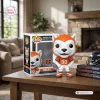 Front view of Denver Broncos Miles Mascot Vinyl Figure standing beside its collectible box on a wooden table.