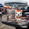 Front view of Denver Broncos Miles Mascot Vinyl Figure standing next to its box on a truck tailgate at a stadium.