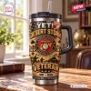 Front view of Desert Storm Marine Corps YETI Tumbler Cup on a wooden table with military graphic.