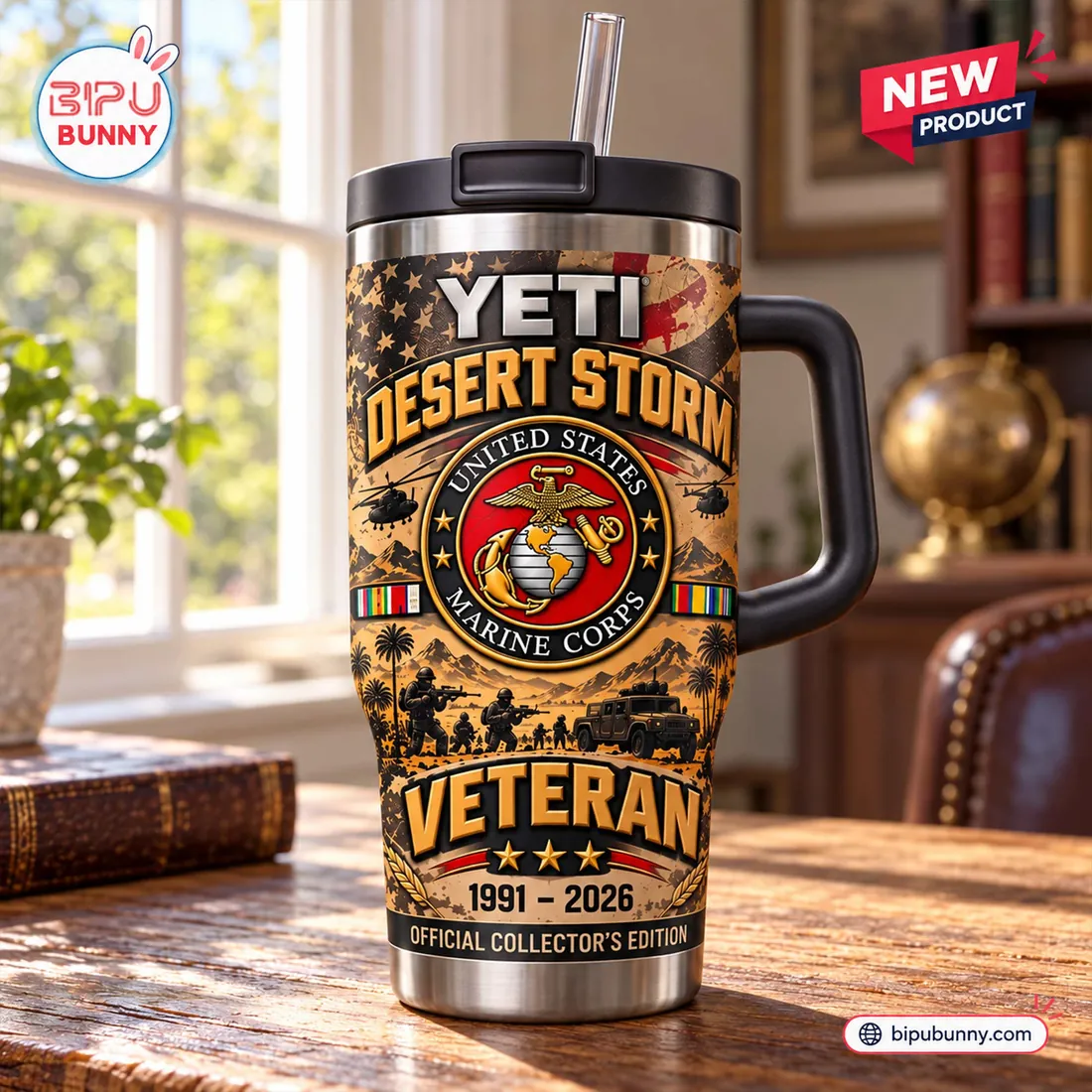 Close-up view of the Desert Storm Marine Corps YETI Tumbler Cup on a wooden desk showing the Eagle Globe and Anchor seal, helicopters, Humvee patrol, and 1991-2026 Veteran banner