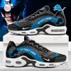 Side view of Detroit Lions Black Air Max Plus Sport Shoes featuring blue text and white soles.