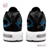 Rear view of Detroit Lions Black Air Max Plus Sport Shoes featuring blue animal outline graphics and white soles.