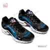 Side view of Detroit Lions Black Air Max Plus Sport Shoes featuring blue and white branding.