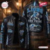 Front and back view of the Detroit Lions One Pride Leather Jacket featuring team logos and text.