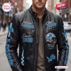 Front view of a black Detroit Lions One Pride leather jacket with blue lettering and patches.