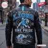 Back view of the Detroit Lions One Pride Leather Jacket featuring large team graphics, lettering, and a helmet motif.