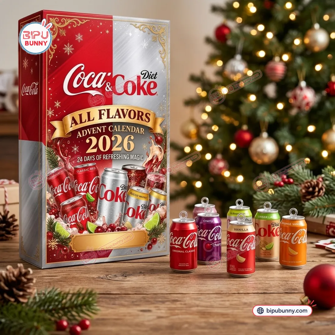 Diet Coke and Coca-Cola All Flavors Advent Calendar 2026 split red and silver box with freestanding 3D miniature soda can ornaments
