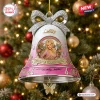 Front view of a white and pink memorial bell Christmas ornament featuring a portrait, bow, and butterfly charm.