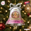 Front view of a white and pink memorial bell ornament featuring a portrait, butterfly, and rhinestones.