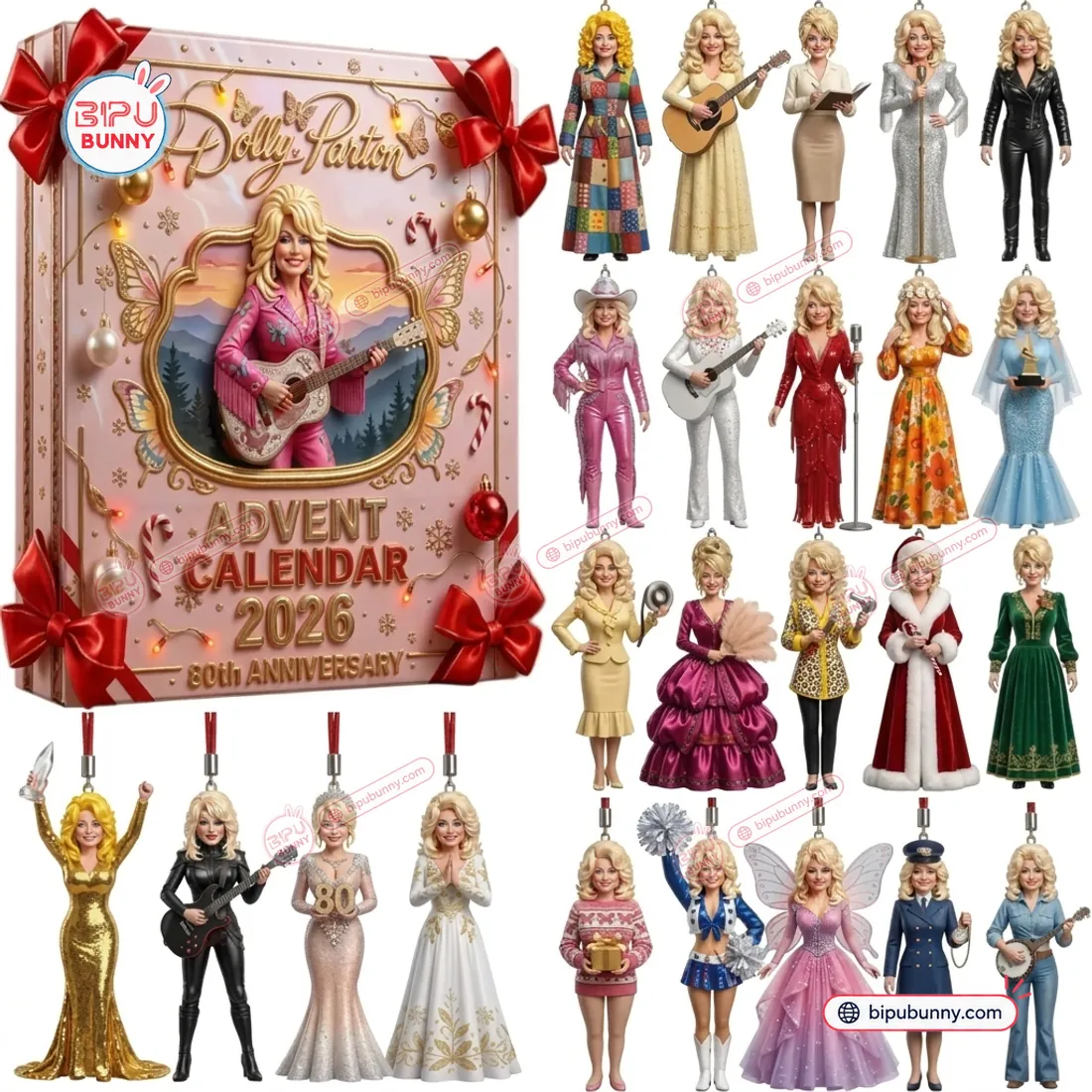 Dolly Parton 80th Anniversary Advent Calendar 2026 blush-pink box alongside all 24 full-body 3D Dolly Parton costume figurines
