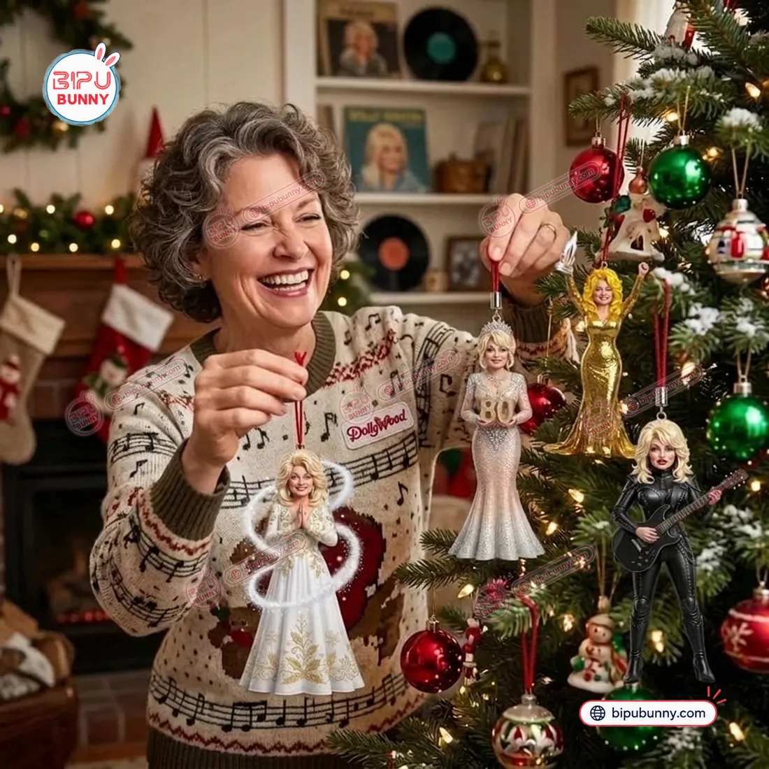 Hanging the 3D sculpted Dolly Parton 80th Anniversary ornament figurines from pine Christmas tree branches using their red ribbon loops