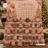 Front view of a pink holiday calendar featuring numbered compartments and miniature figurines arranged on tiered shelves.