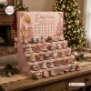 Front view of a pink Dolly Parton Christmas Advent Calendar with miniature figurines displayed on tiered shelves.