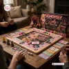 People playing the Dolly Parton Collector Edition Monopoly Board Game on a wooden table.