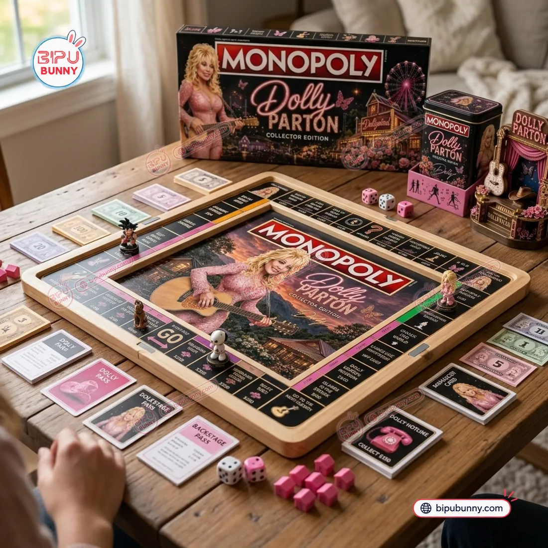 Angled view of the Dolly Parton Collector Edition Monopoly Board Game highlighting the painted 3D tokens, themed card decks, and collector tin