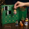 Hand holding a holiday figurine in front of a green 2026 advent calendar with open doors.