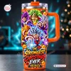 Front view of an orange Dragon Ball anime Christmas tumbler with a handle, festive graphics, and custom text.