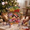 Front view of a Dragon Ball Z Advent Calendar Blind Box set with small figures on a rug near a Christmas tree.