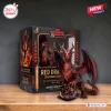 Front view of the Dungeons and Dragons Red Dragon 52nd Anniversary Figurine with a large twenty sided die.