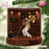 Front view of an Elvis Presley 2026 Christmas Ornament featuring a stage diorama with miniature guitar and gold record.